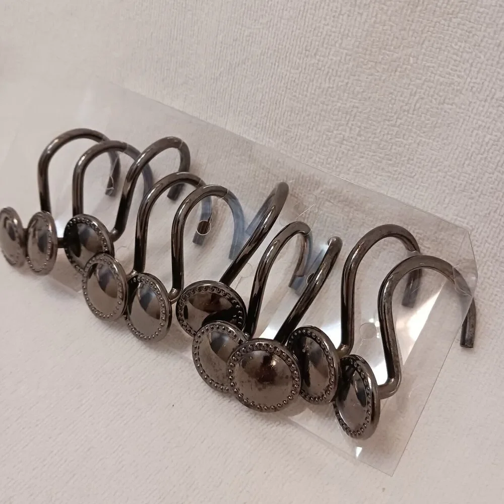 10 Shower‎ Curtain Hooks LUXE Decor Button Style Polished Gunmetal Dark PRETTY!